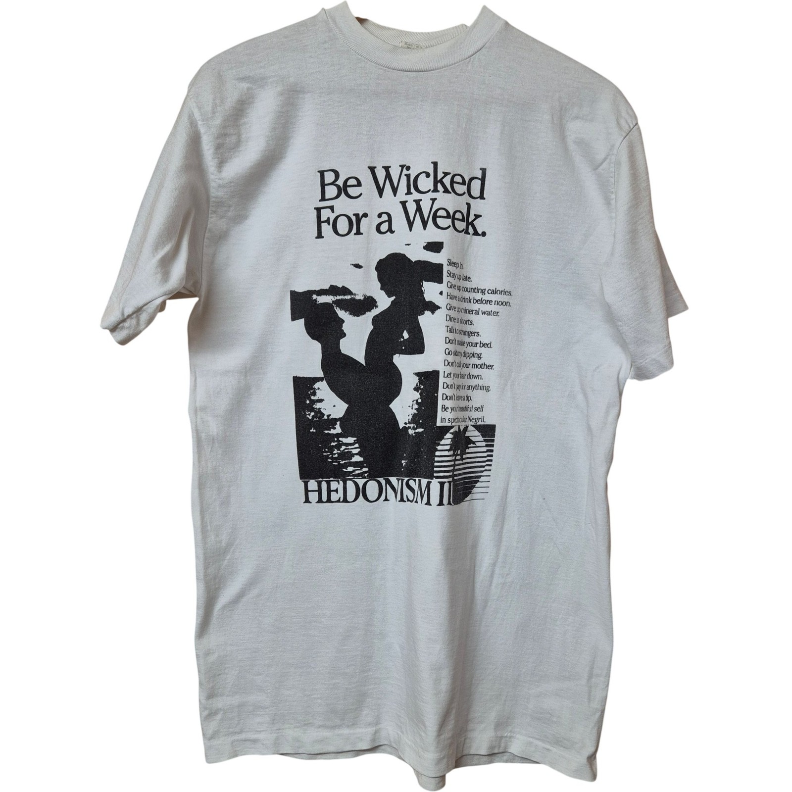 Hedonism II 1993 Graphic T-Shirt Large White Original Vintage Single Stitch Hedonism II 1993 Graphic T-Shirt Large White Original Vintage Single Stitch