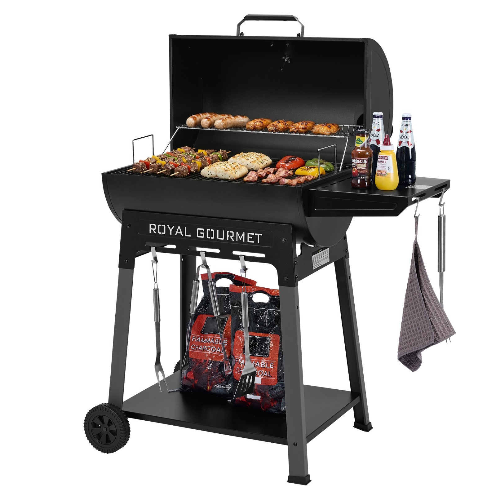 Royal Gourmet Outdoor Grill with Side Shelf  Barrel Charcoal Grill for Backyard