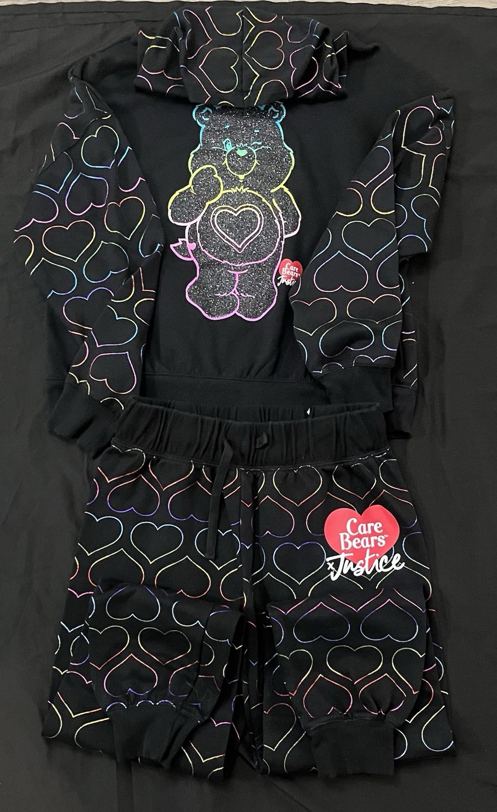 Justice x Care Bears Girls XL 16/18 Hoodie Jogger Set Black Rainbow Hearts Justice x Care Bears Girls XL 16/18 Hoodie Jogger Set Black Rainbow Hearts