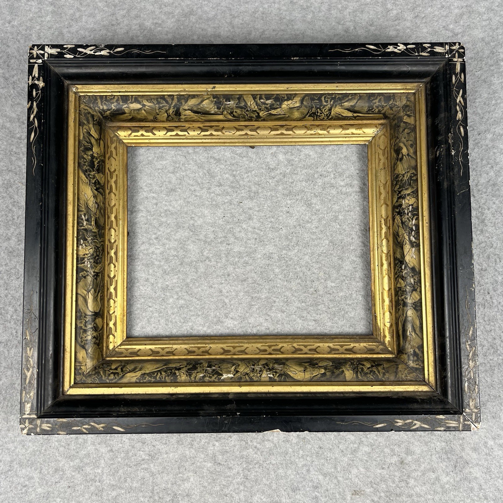 Antique 19th C Black Gilt Floral Inlaid Wood Picture Frame Victorian. 16” X 14” Antique 19th C Black Gilt Floral Inlaid Wood Picture Frame Victorian. 16” X 14”