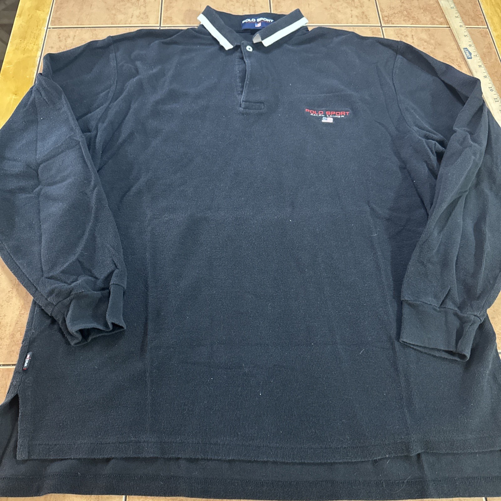 Vintage Polo Ralph Lauren Black White Tipped Long Sleeve Rugby Shirt Flag Sz XL Vintage Polo Ralph Lauren Black White Tipped Long Sleeve Rugby Shirt Flag Sz XL