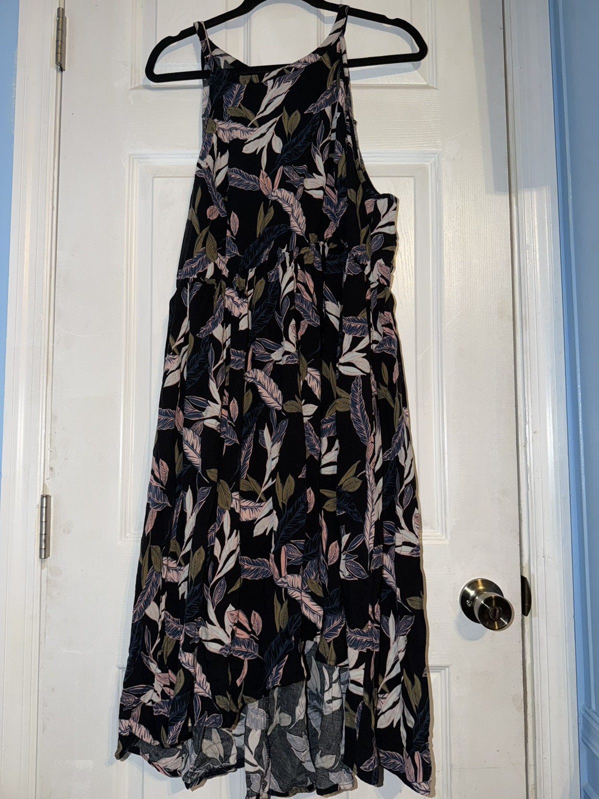Torrid Black Palm Leaf Print Challis Hi Low Dress Halter Preppy Flowy  size 3