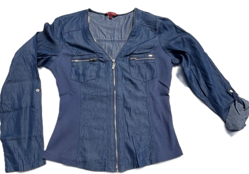Guess Women\'s Blue Denim Full Zip Blouse Large Guess Women\'s Blue Denim Full Zip Blouse Large