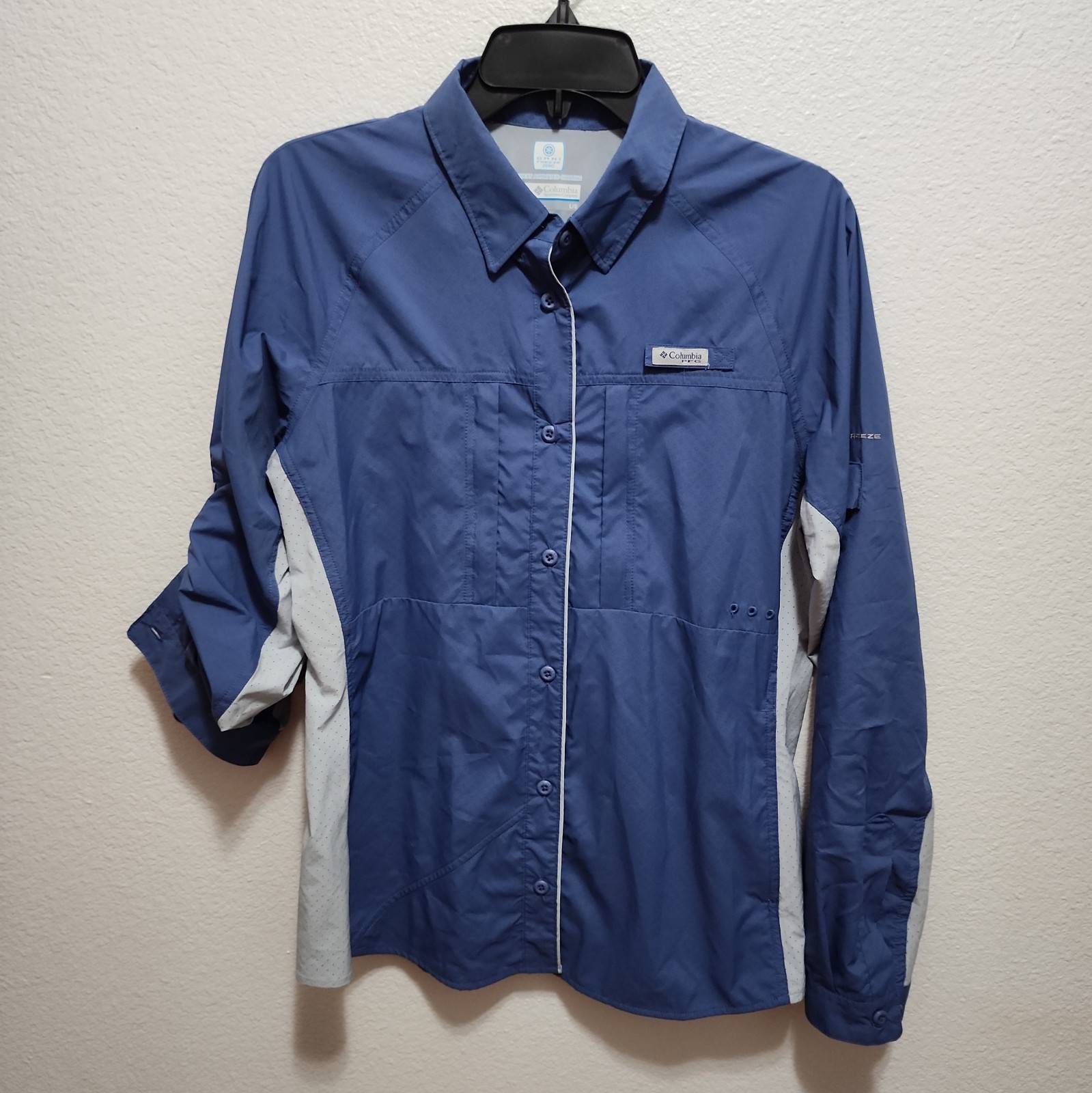 Columbia Omni-Freeze Zero Cooling Women’s Button-Front Shirt L Blue/Gray Roll Up Columbia Omni-Freeze Zero Cooling Women’s Button-Front Shirt L Blue/Gray Roll Up
