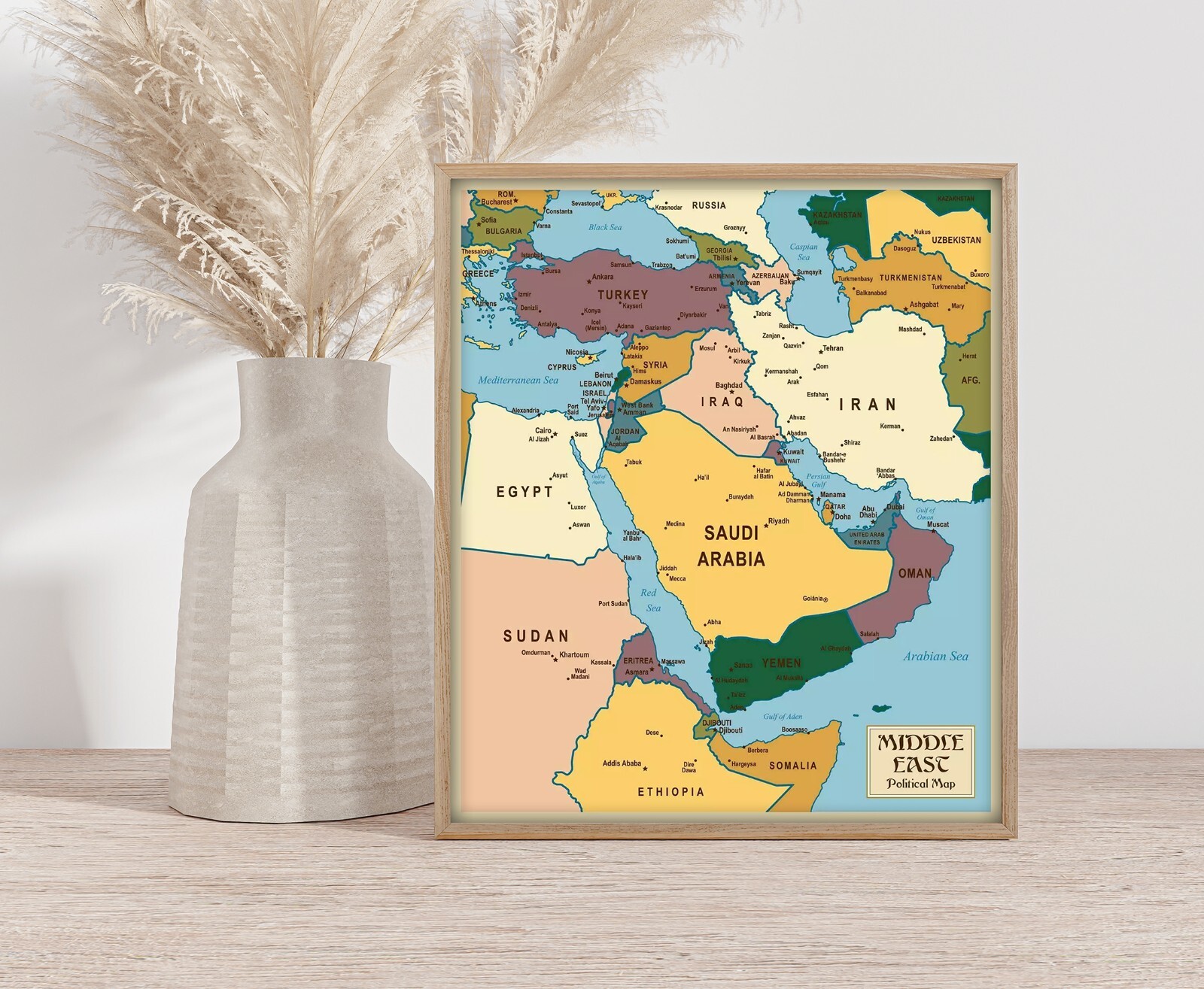 Middle East Political Map Israel Palestine Iran Iraq Turkey Saudi Arabia Poster