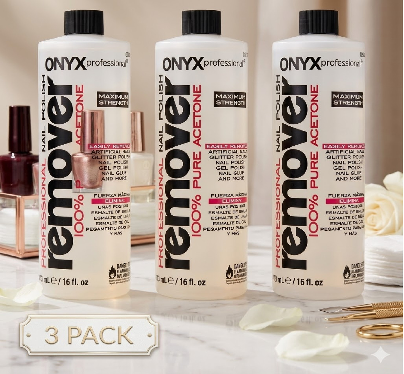 (Pack of 3 ) Onyx Professional 100% Pure Acetone Nail Polish Remover, 16 fl oz