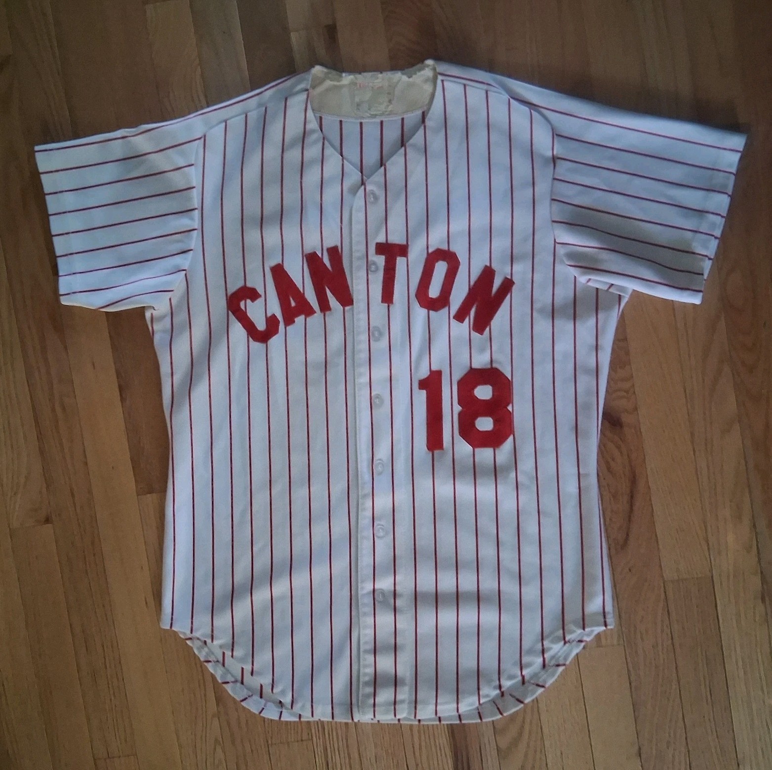 Vintage 1974-77 Wilson Baseball Jersey Canton OH Pinstripes #18 USA Made Large 