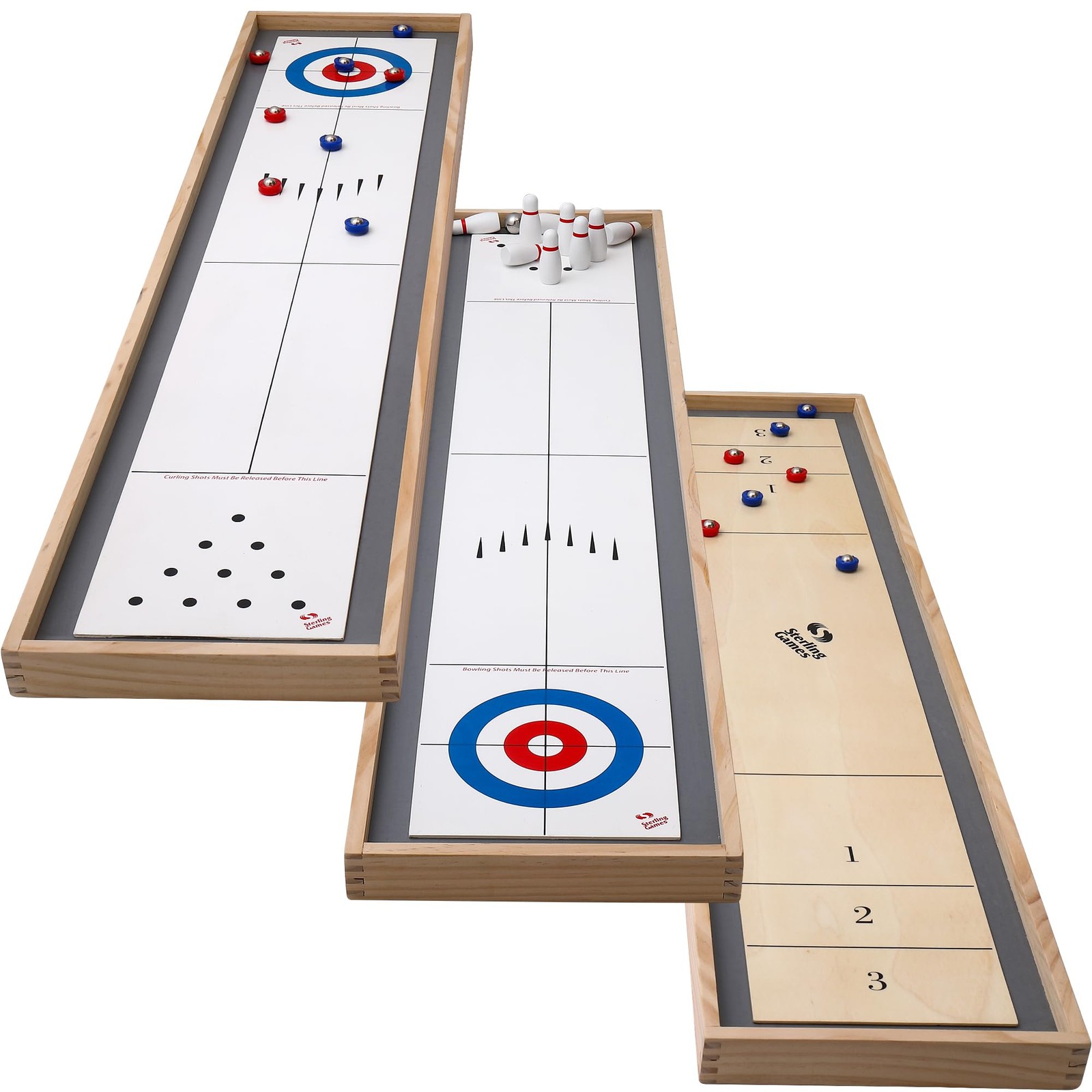 Sterling Games 3-in-1 Tabletop Shuffleboard Bowling Curling Game Set