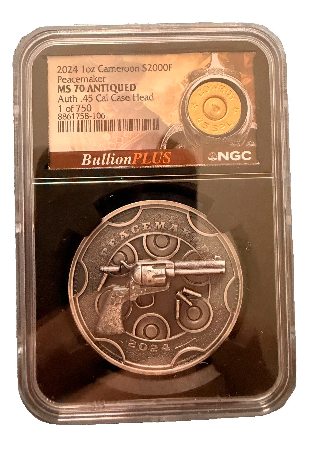 Cameroon 2024 Peacemaker 2000F 1 oz Silver .999 NGC MS70 #8861758-106 Antiqued Cameroon 2024 Peacemaker 2000F 1 oz Silver .999 NGC MS70 #8861758-106 Antiqued