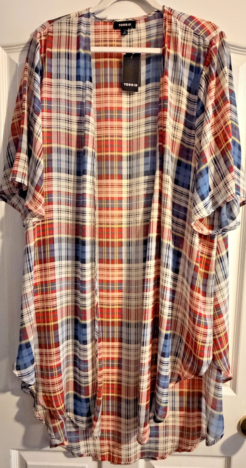 Torrid Women's Multicolor Plaid Sheer Open Front Duster Kimono NWT Sz 1