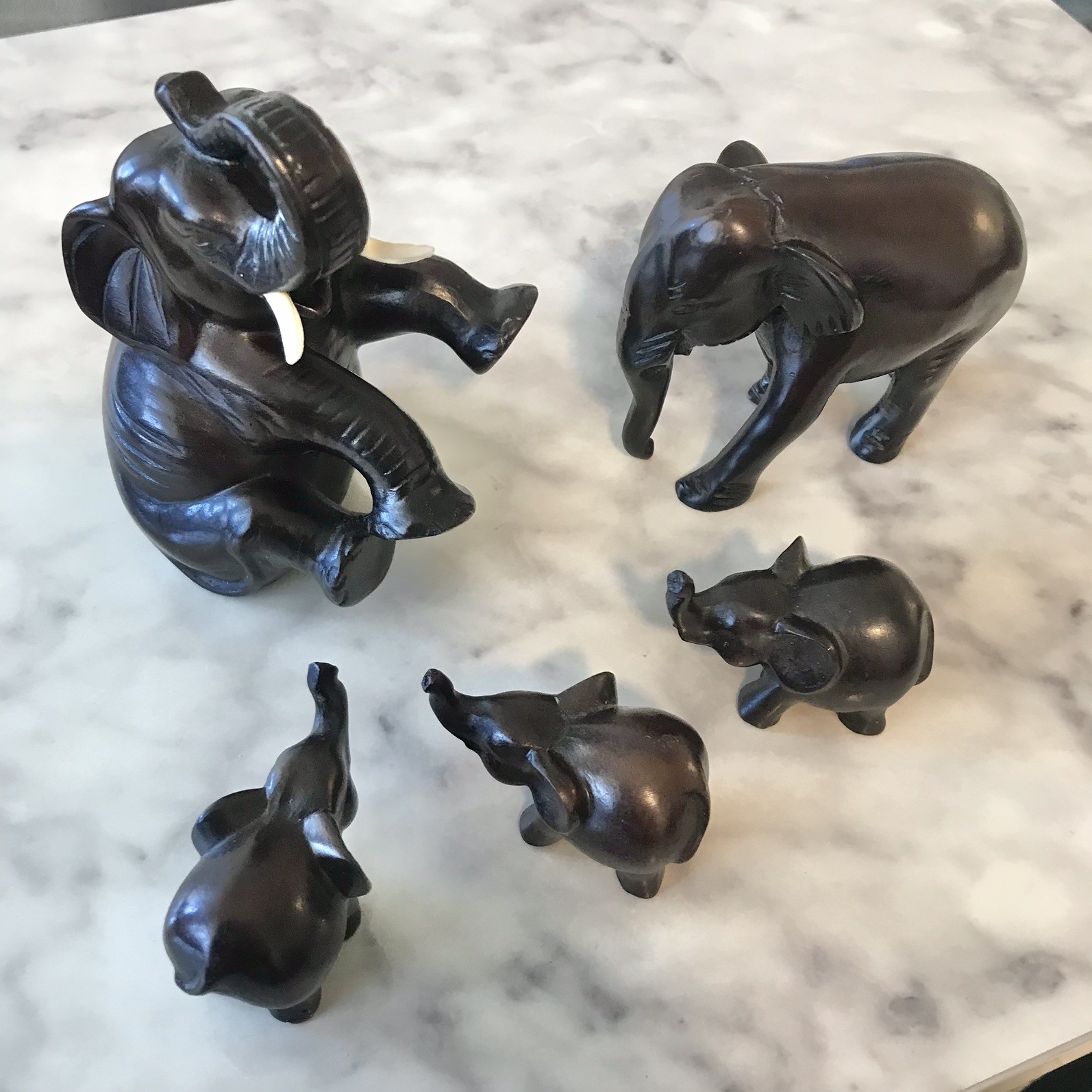 Vintage African Hand Carved Wood Elephant Family Set 5 Folk Art Safari Decor