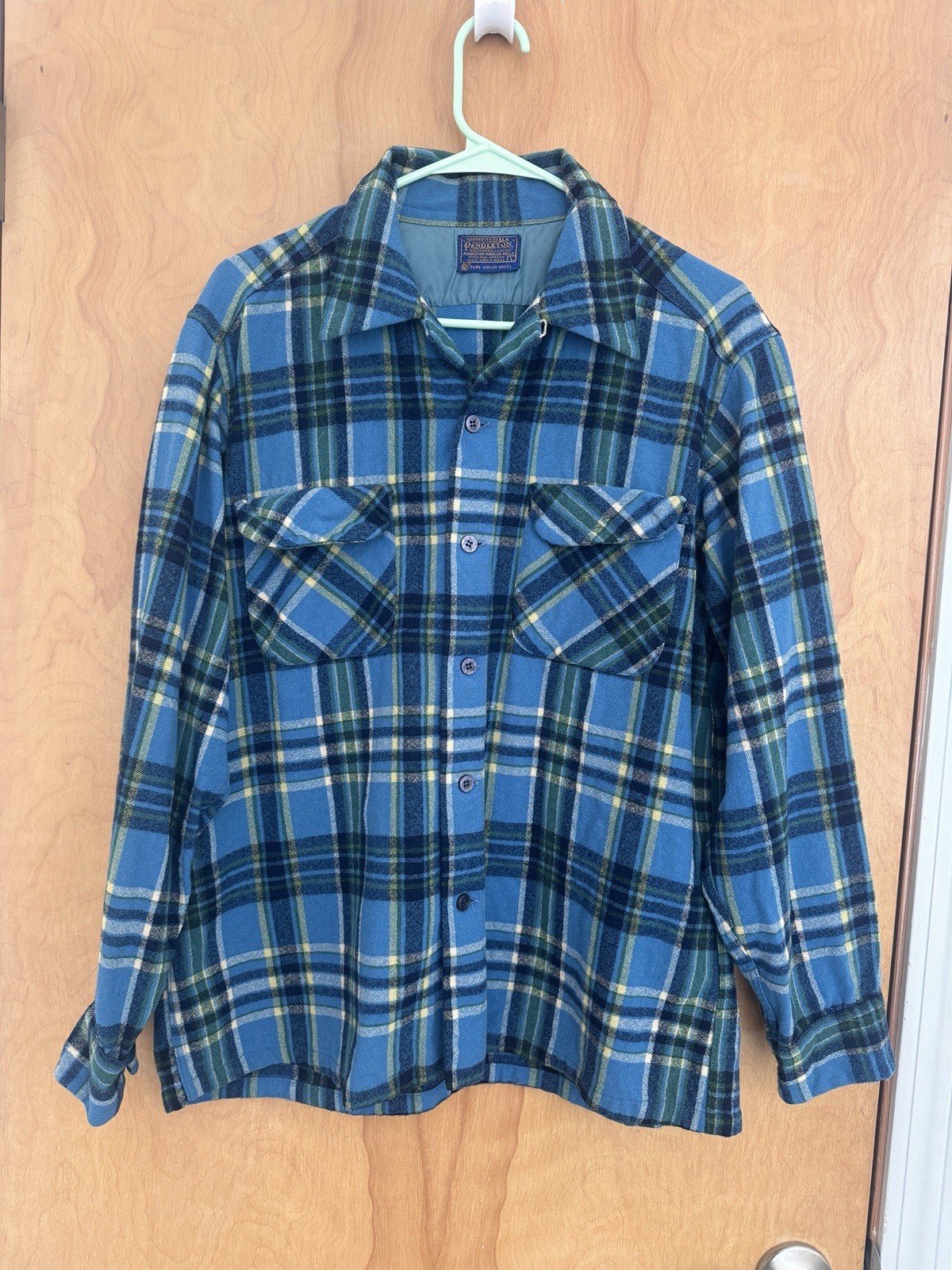 Vintage 60s 70s Pendleton Board Shirt Mens Large Blue Plaid Wool USA Loop Collar Vintage 60s 70s Pendleton Board Shirt Mens Large Blue Plaid Wool USA Loop Collar