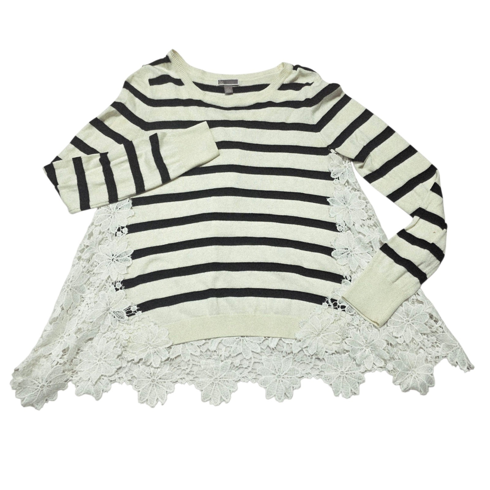 Chelsea 28 Striped Lace Trimmed Sweater Women Medium Black Cream Knit