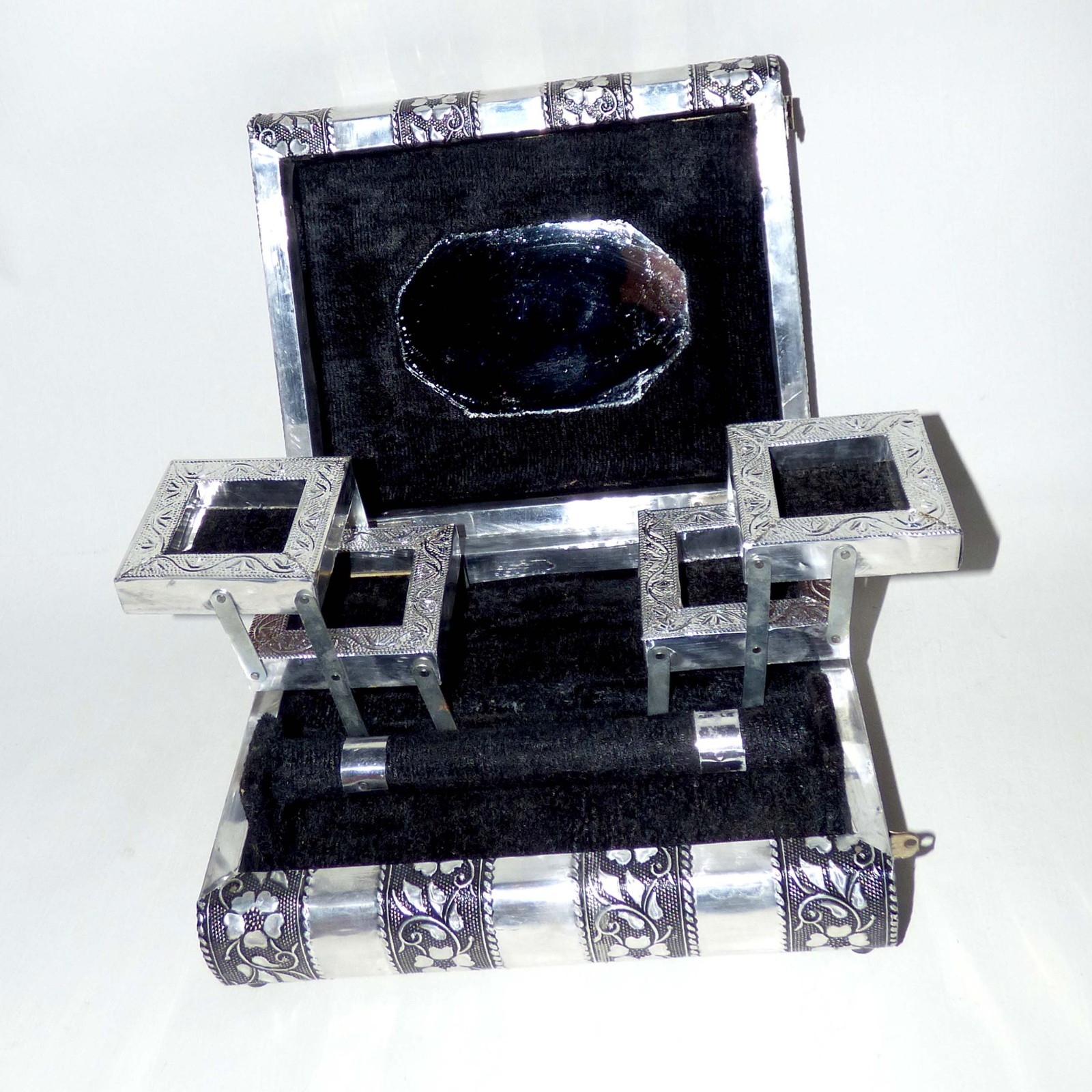 Vintage Indian White Metal Jewelry Box Bookshape Black Velvet 9\