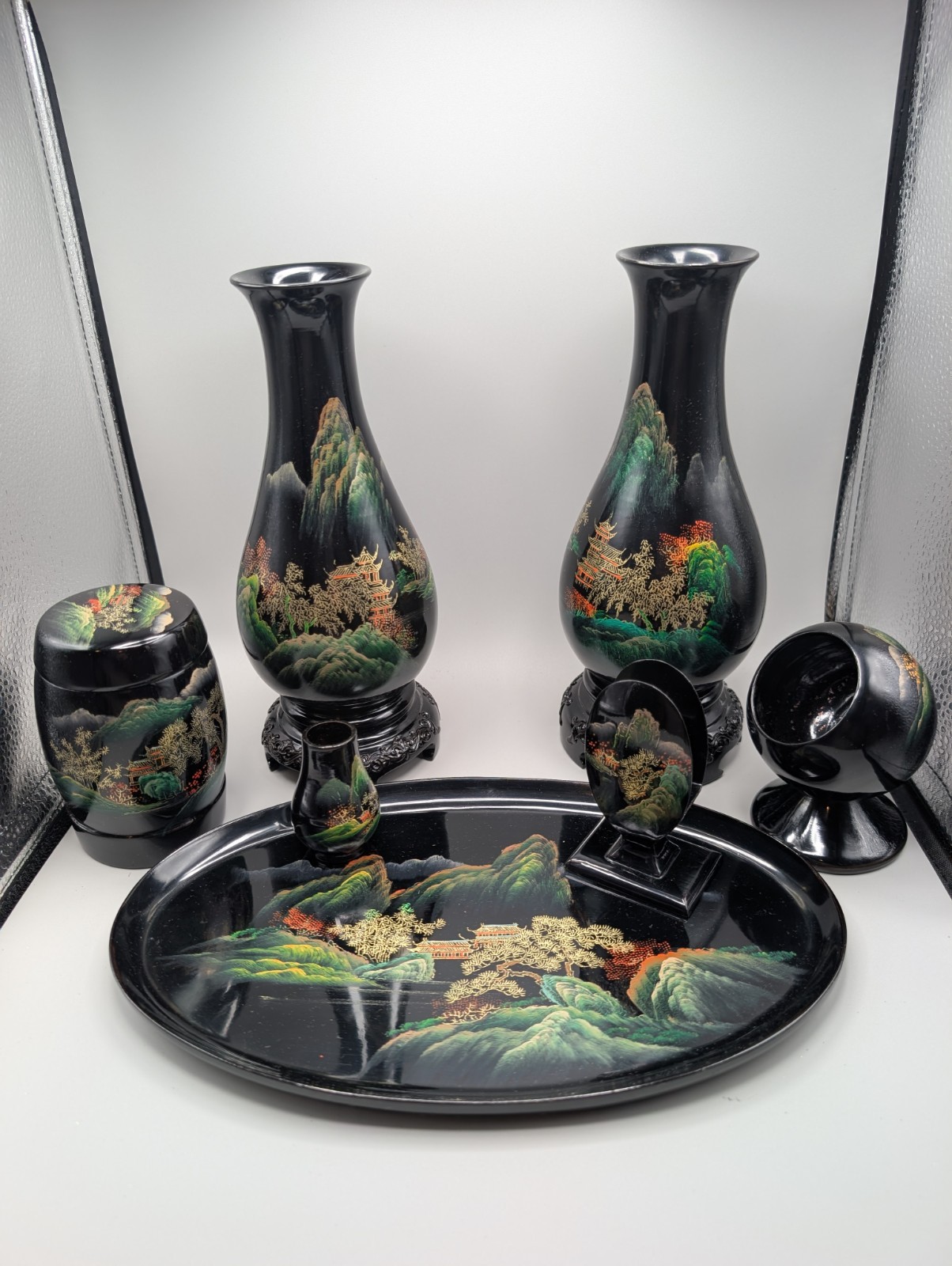 Vintage Fuzhou Black Lacquer Smoking Set & Vase Pair Flying Horse Shan Shui...