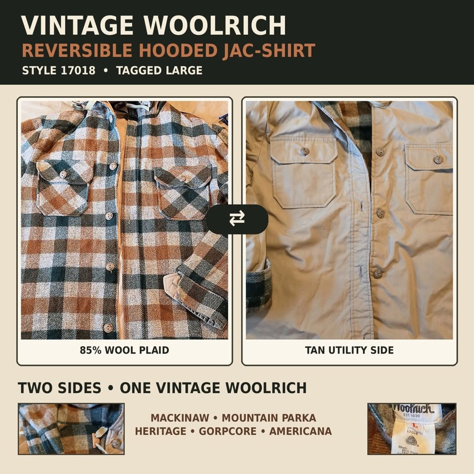Vintage Woolrich 17018 Reversible Hooded Wool Jac Shirt Mackinaw Jacket L
