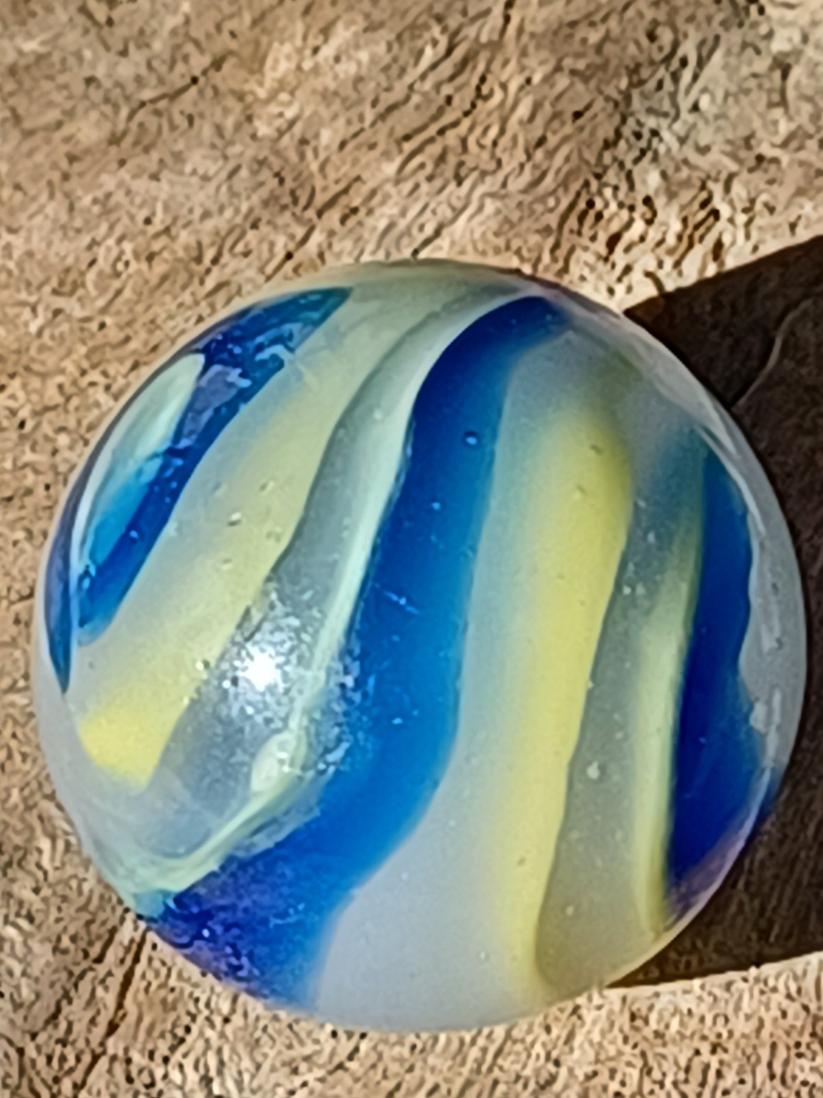 .74 Akro Mint Blue Eggyolk Mossy Swirl Shooter Marble. Unique looking Akro .74 Akro Mint Blue Eggyolk Mossy Swirl Shooter Marble. Unique looking Akro