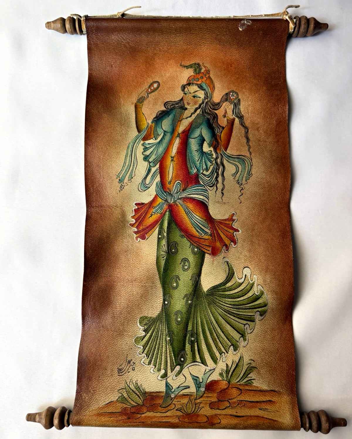 Vintage Hand-Painted Persian Girl on Leather Wall Hanging Scroll Vintage Hand-Painted Persian Girl on Leather Wall Hanging Scroll