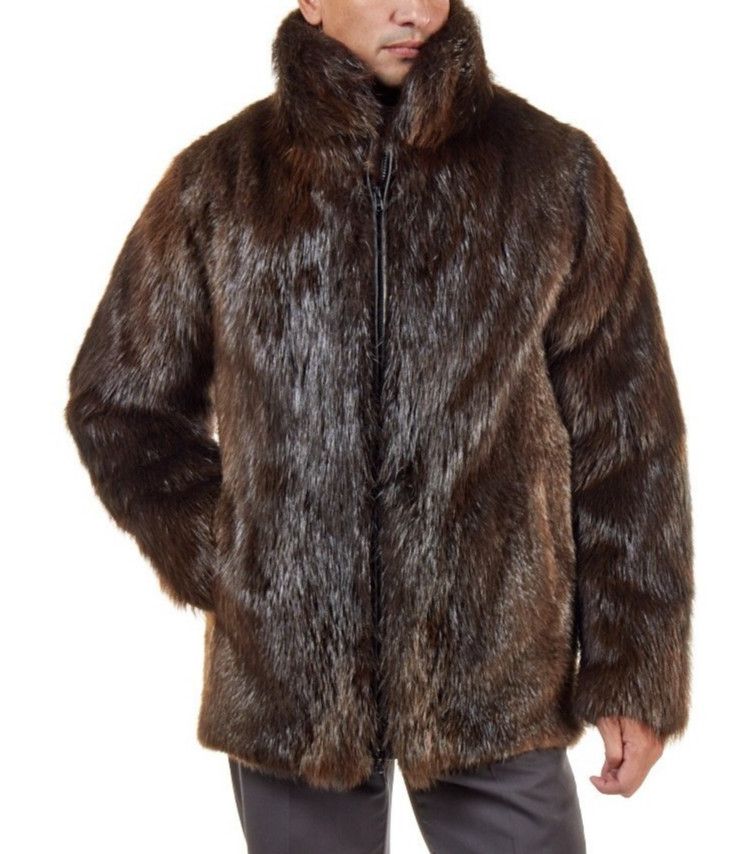 Mens Genuine Beaver Fur Coat Mid Length Real Fur Overcoat Handmade Winter Jacket