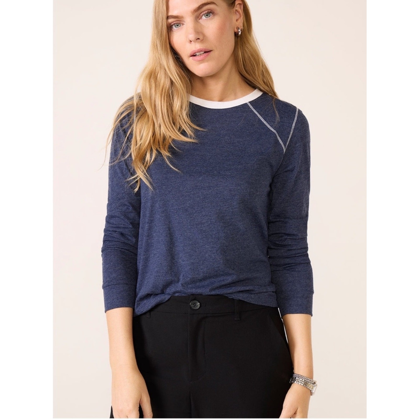 NWT Evereve Millie Triblend Varsity Top Navy White Long Sleeve Size S