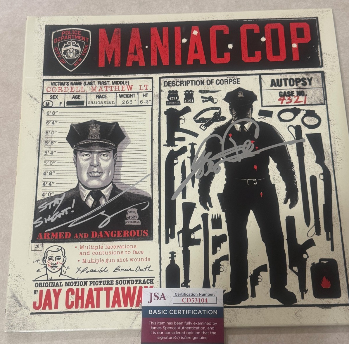 Maniac Cop BRUCE CAMPBELL/TOM ATKINS Dual Signed MONDO Vinyl Record Album JSA Maniac Cop BRUCE CAMPBELL/TOM ATKINS Dual Signed MONDO Vinyl Record Album JSA