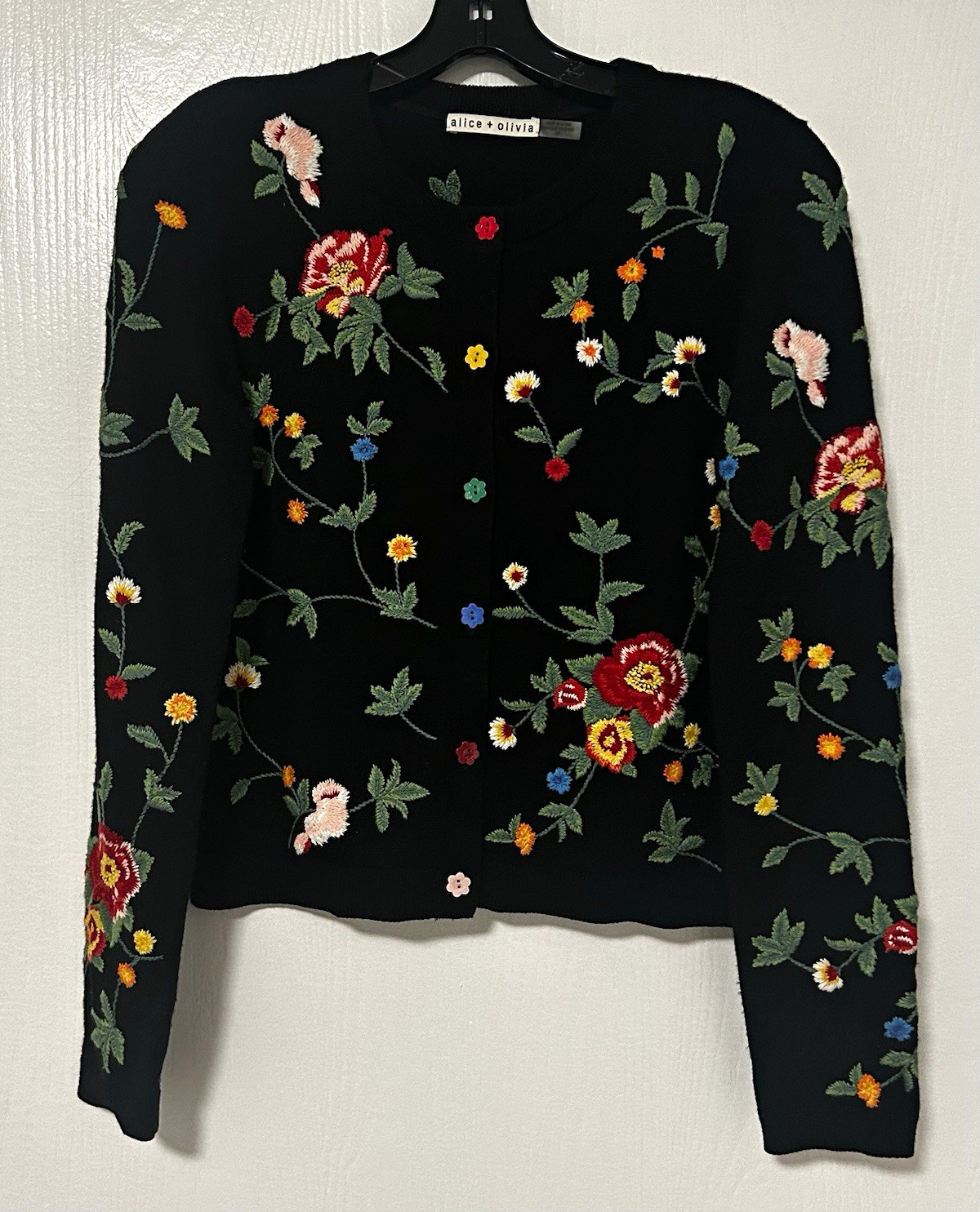Alice + Olivia Floral Embroidered 99% Wool Cardigan Black Multicolor Size Small