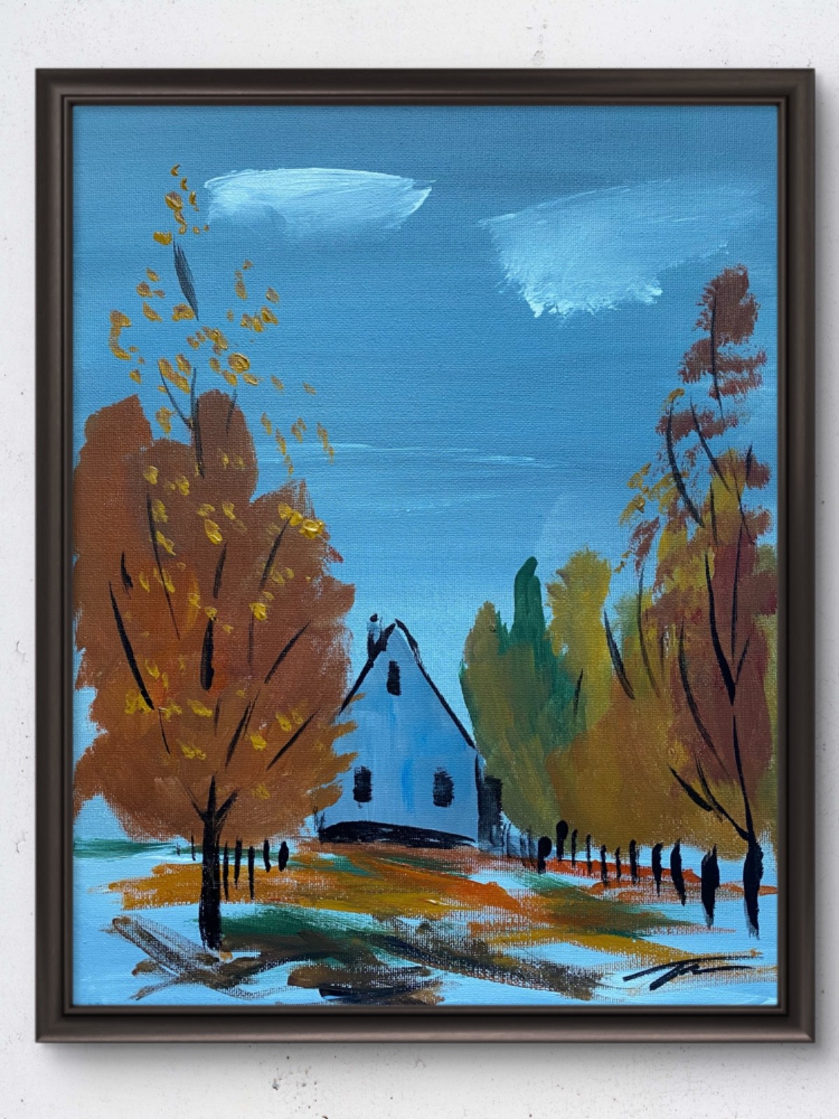 Original 14x11 Impressionist Autumn Farmhouse Landscape Painting Signed Canvas