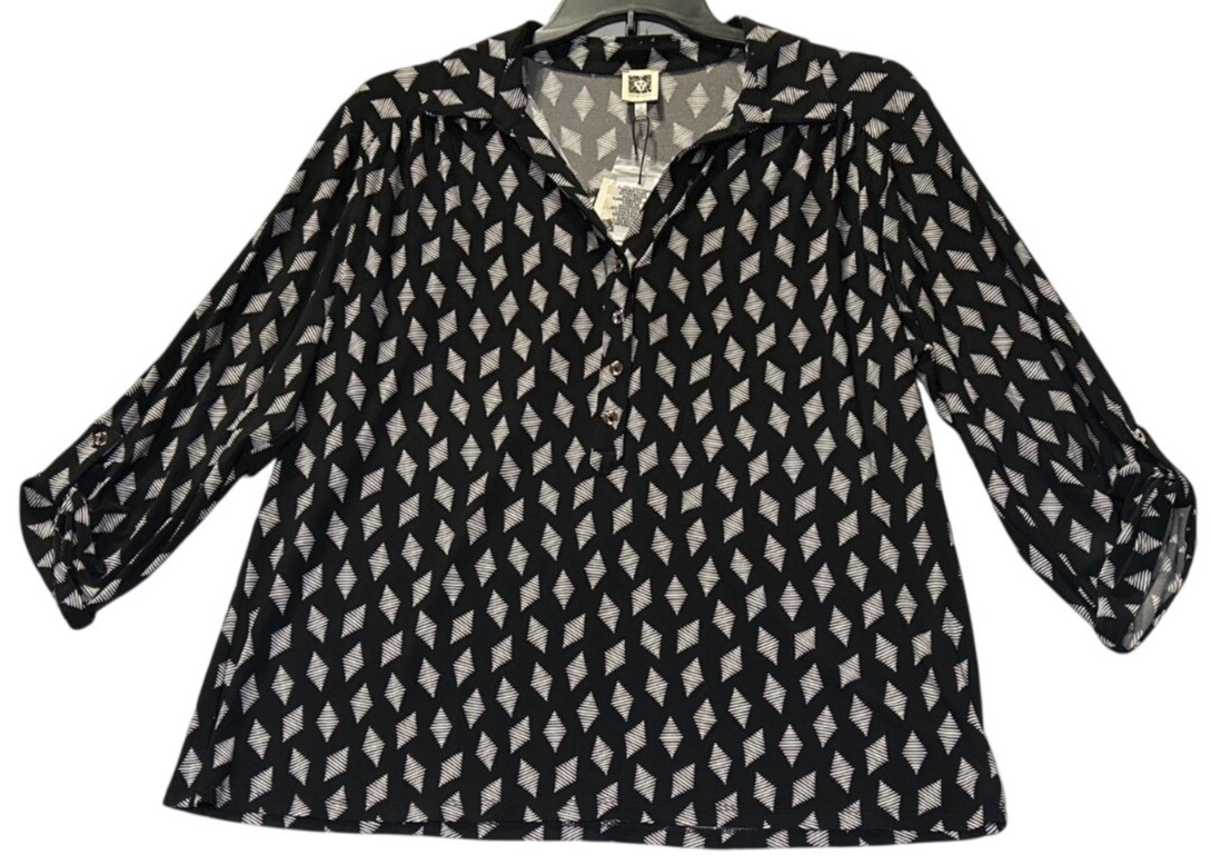 Anne Klein Womens Plus Size 1X Black & White Diamond Pattern 3/4 Sleeve Knit Top