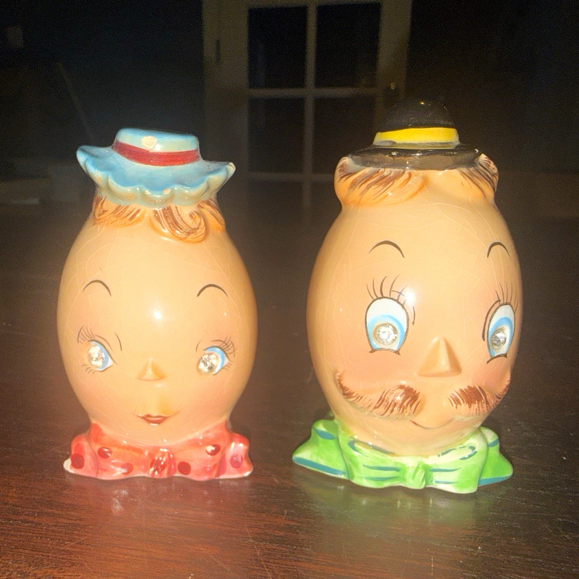 Vintage PY Japan Mr & Mrs Egghead Salt Pepper Shakers 042 Rhinestone Eyes