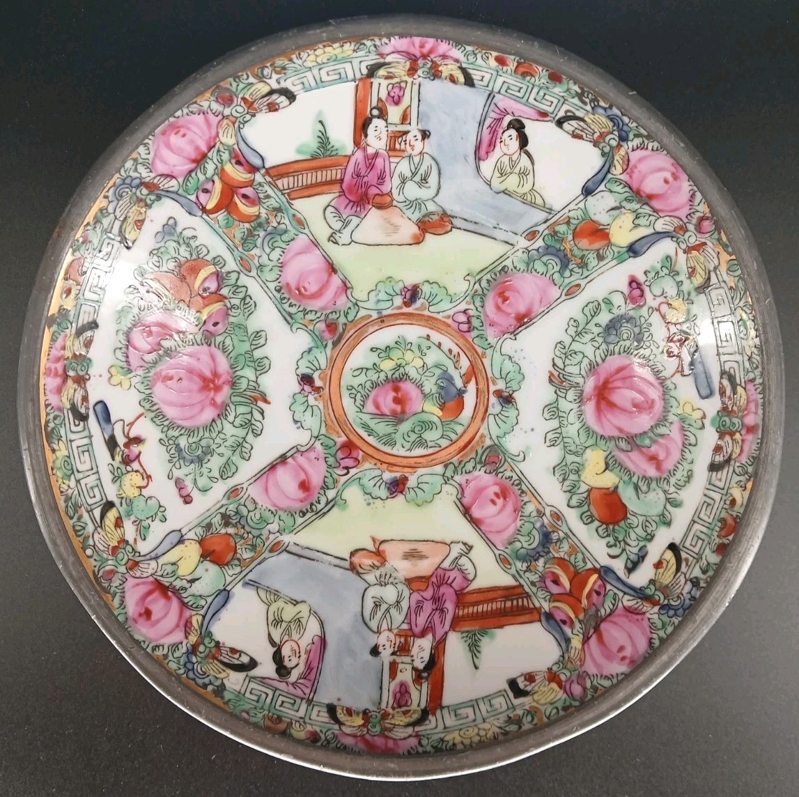 Vintage ACF Rose Medallion Japanese Porcelain Pewter Bowl Hong Kong 7.5