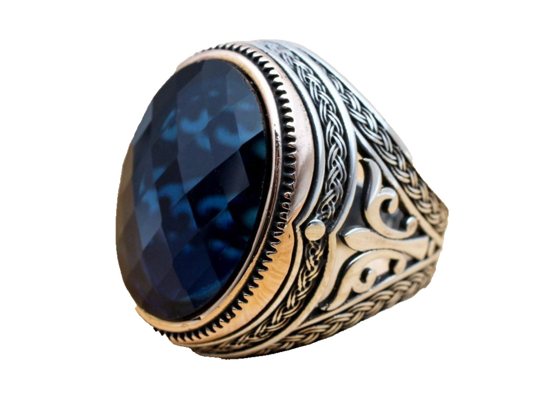 Men’s 925 Sterling Silver Blue Sapphire Gemstone Ring Vintage Antique Design Jew