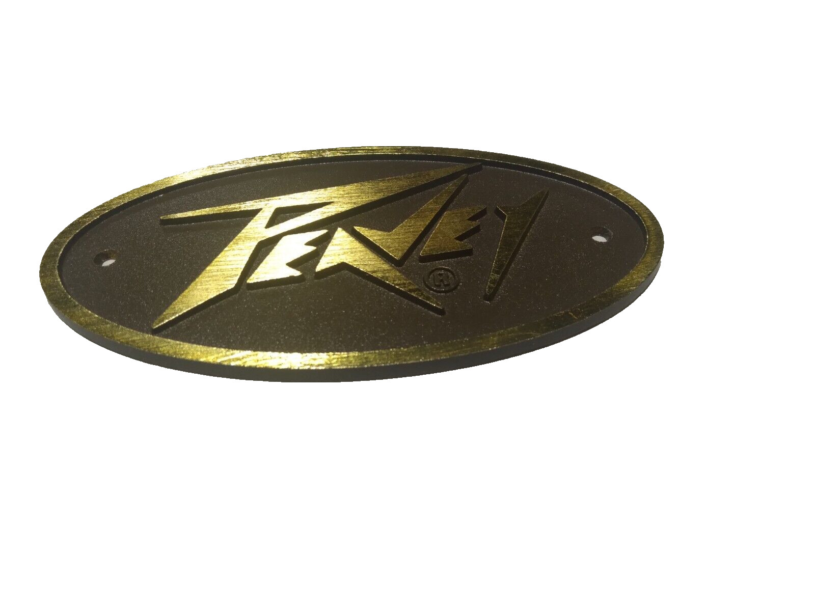 Peavey Large Metal Die Cast Logo Gold Letter Brown Background Replacement Badge Peavey Large Metal Die Cast Logo Gold Letter Brown Background Replacement Badge