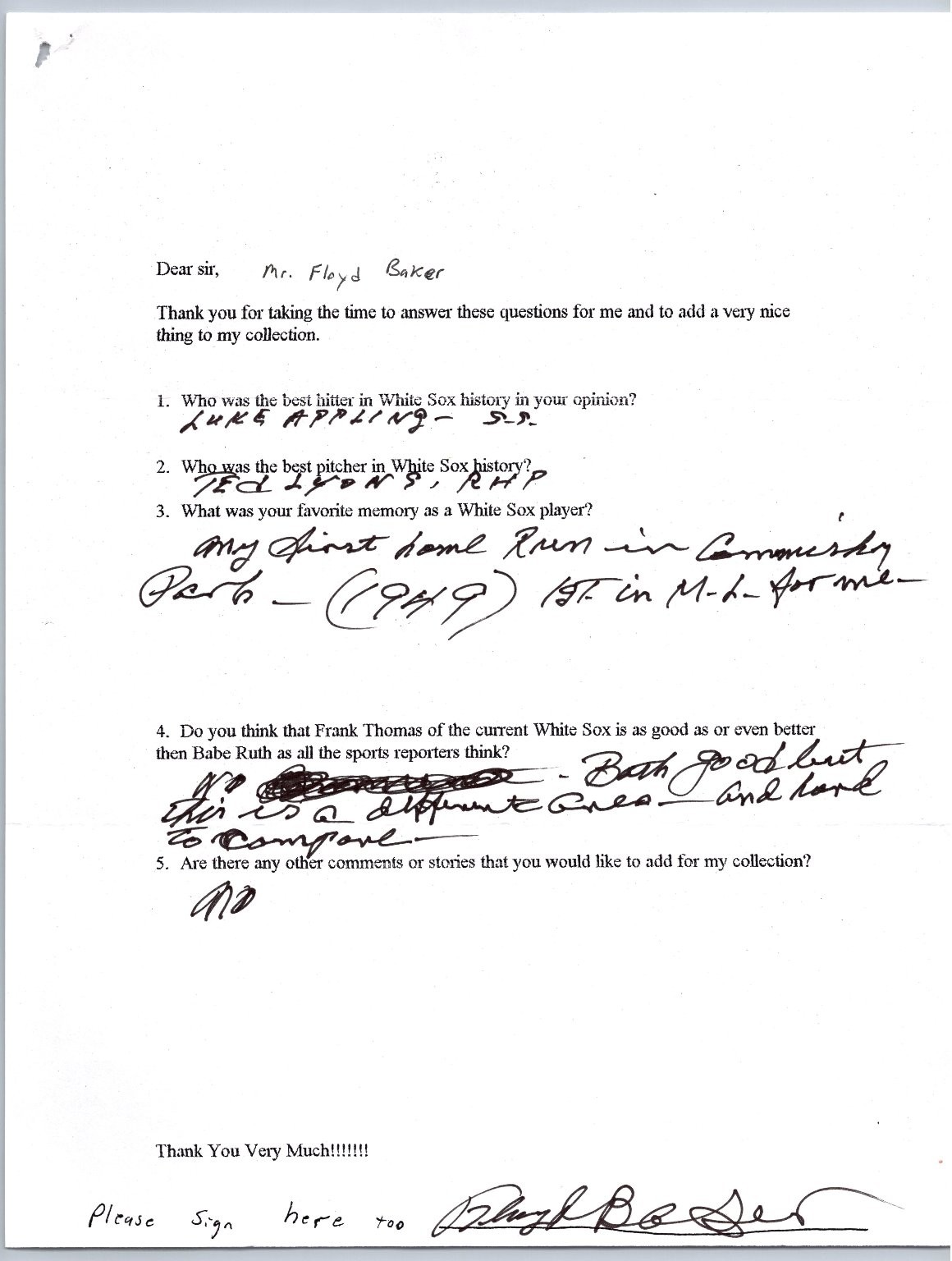 Floyd Baker Signed Autograph Letter Chicago White Sox Q&A Baseball Q&A