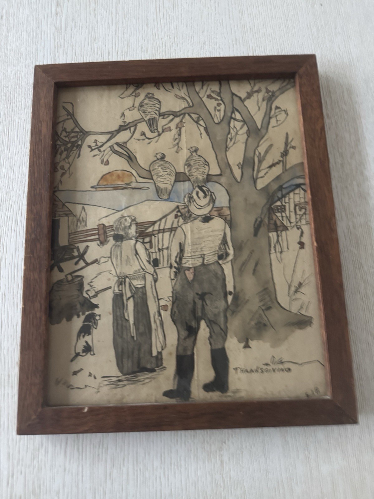 Antique 1920 Ink & Watercolor “Thanksgiving”Folk Art Americana Signed Framed Art