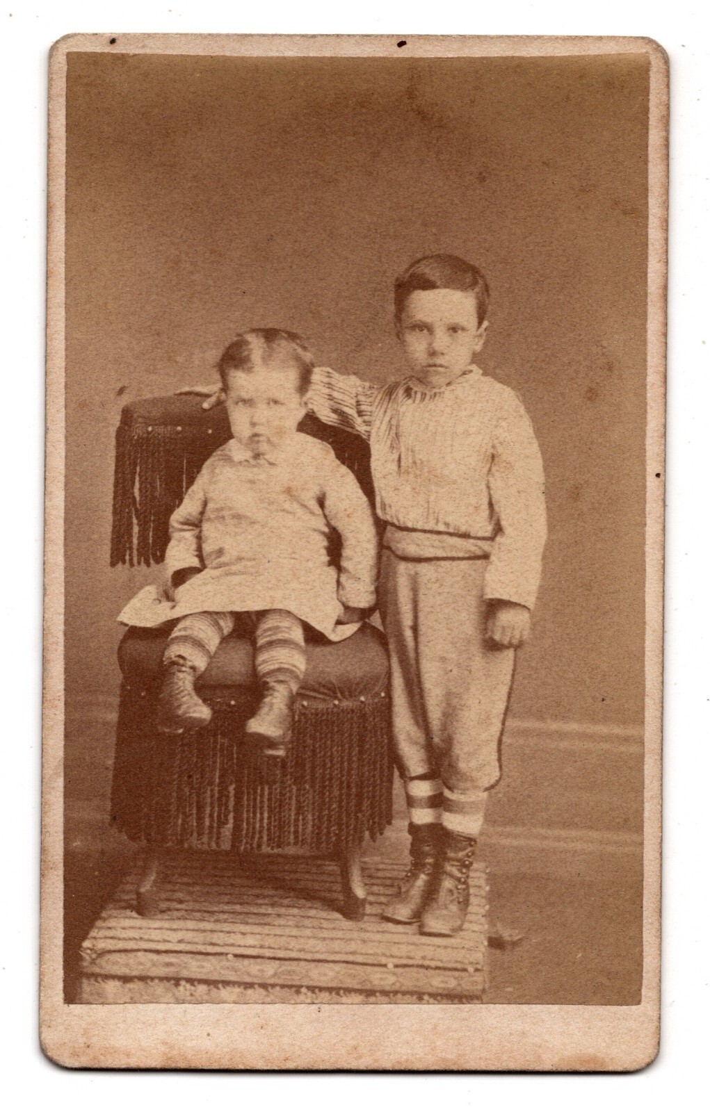 Antique CDV Circa 1870s Two Cute Children Boy Girl In Striped Stockings Unmarked