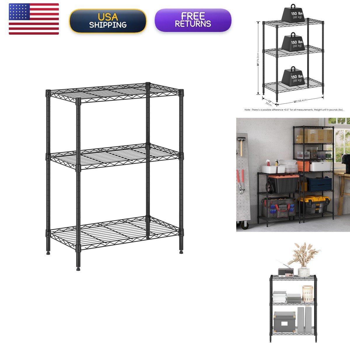 Furinno Wayar 3-Tier Metal Storage Shelf Rack 23 x 13 x 30 Black