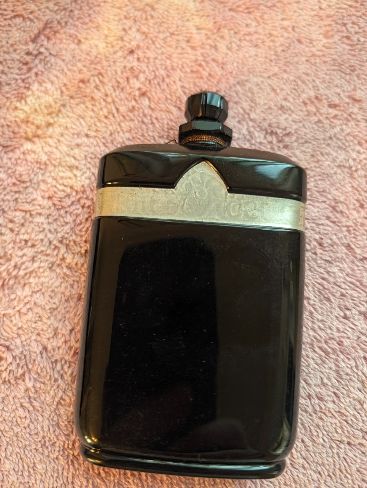 Antique Art Deco Black Glass Perfume Bottle Silver Overlay Band Faceted Stopper Antique Art Deco Black Glass Perfume Bottle Silver Overlay Band Faceted Stopper