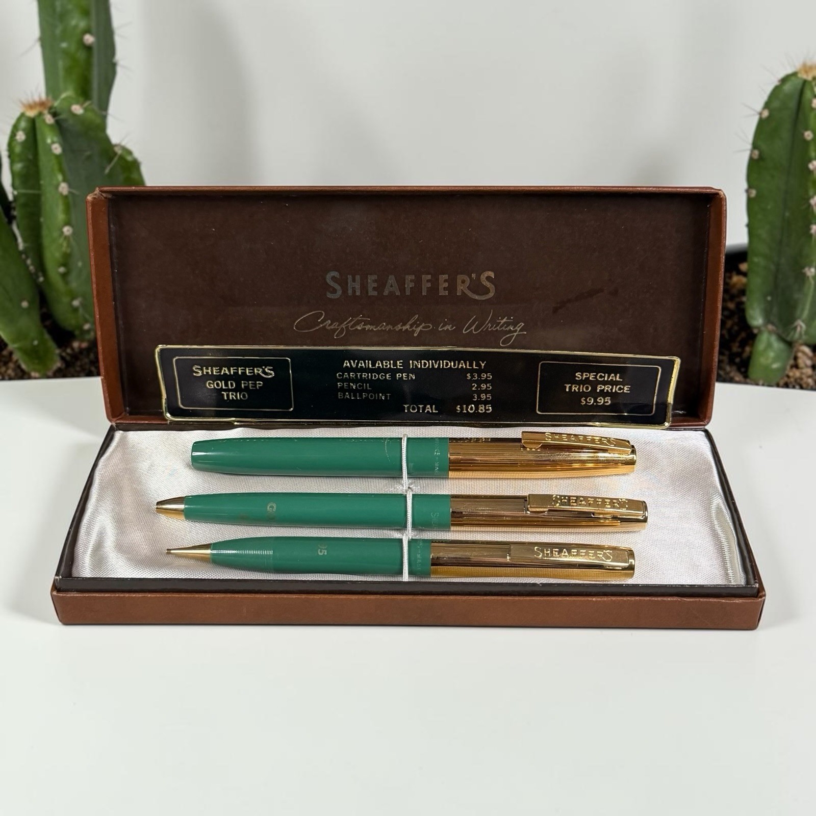 NOS Vintage Sheaffer Gold PEP Trio Green Fountain Pen Ballpoint Pencil Set w Box