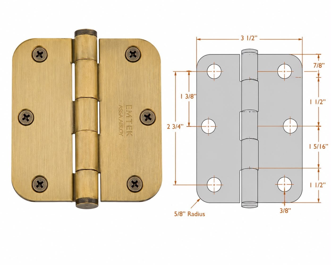 Emtek 96133US7, Radius Solid Brass Residential Duty Hinge, French Antique