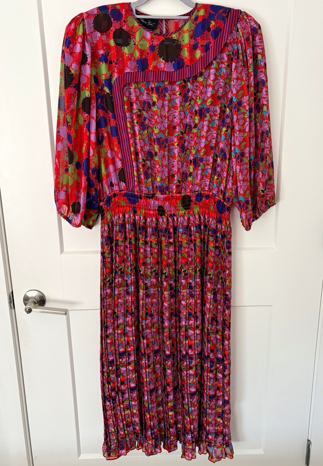 VTG 80s Diane Freis Mixed Floral Pleated Midi Dress Smocked Waist One Size M/L