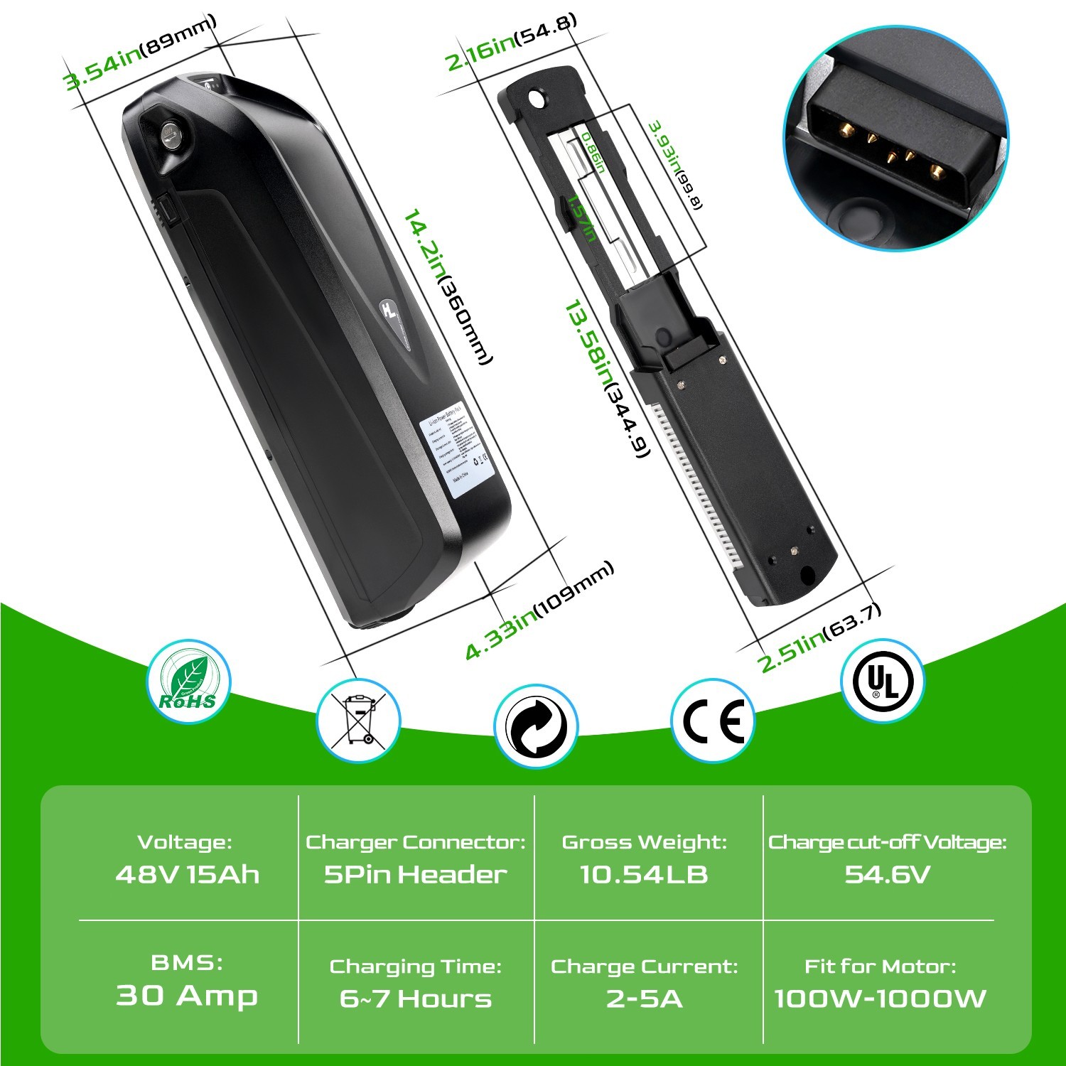52V 48V 36V 10Ah/13Ah/15Ah/20Ah Ebike Lithium Battery For 200W-1800W Motor