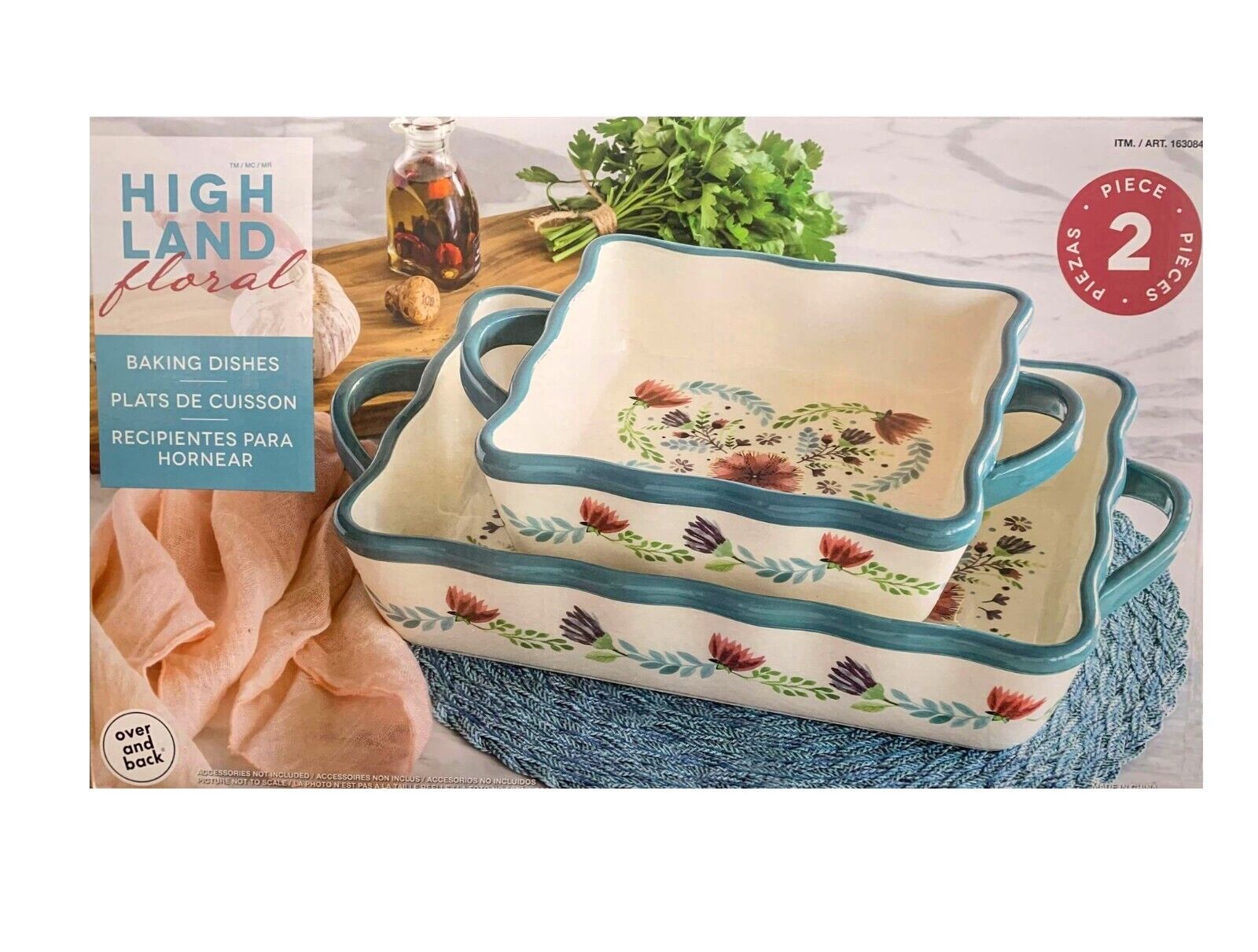 Over & Back Highland Floral Stoneware Baking Dish Set 2Pc Dishwasher Safe