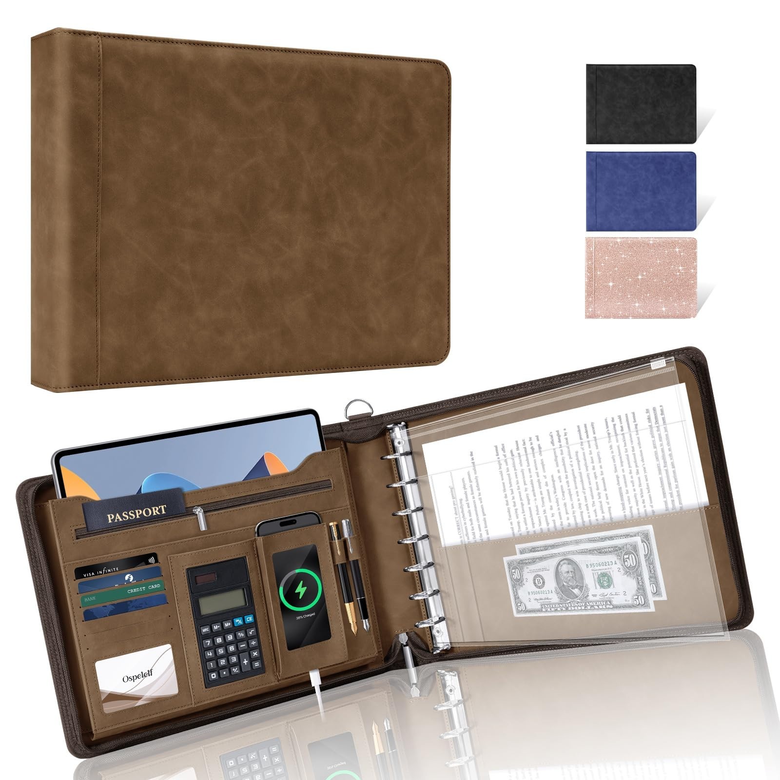 Brown Zippered 7 Ring Check Binder for Business Checks, Faux Leather Portfolio, Brown Zippered 7 Ring Check Binder for Business Checks, Faux Leather Portfolio,