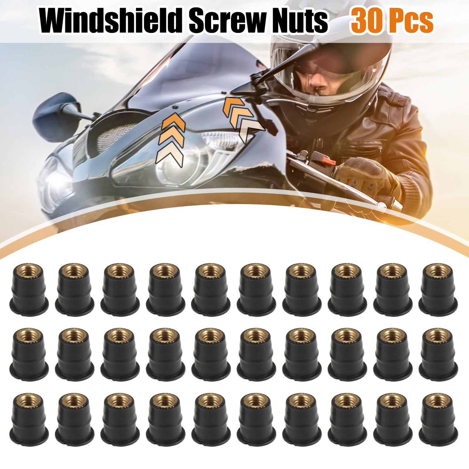 30pcs M6 6mm Convex Black Rubber Windshield Screws Bolts Nut for Motorcycle
