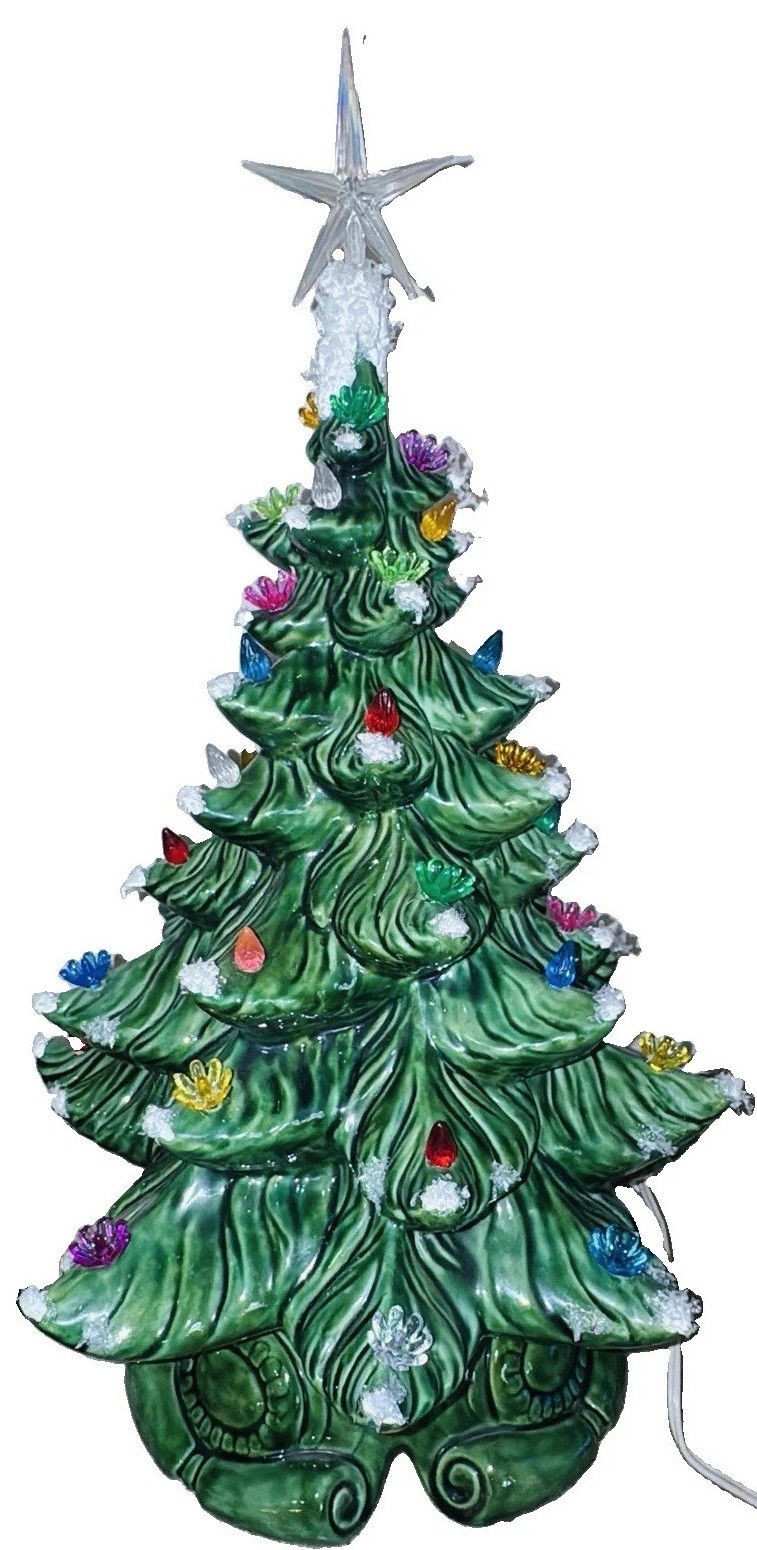 VINTAGE 19.5” Atlantic Mold Flocked CERAMIC CHRISTMAS TREE WITH LIGHTS & Base ✨✨