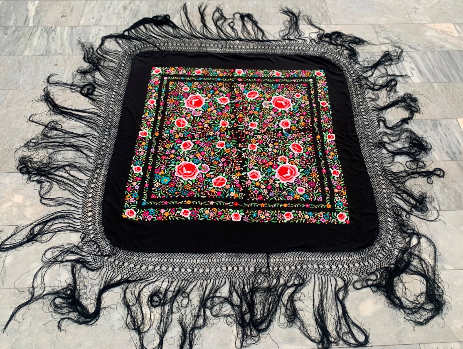 Vintage Chinese Piano Shawl, Hand Embroidered Scarf 5x5 ft 