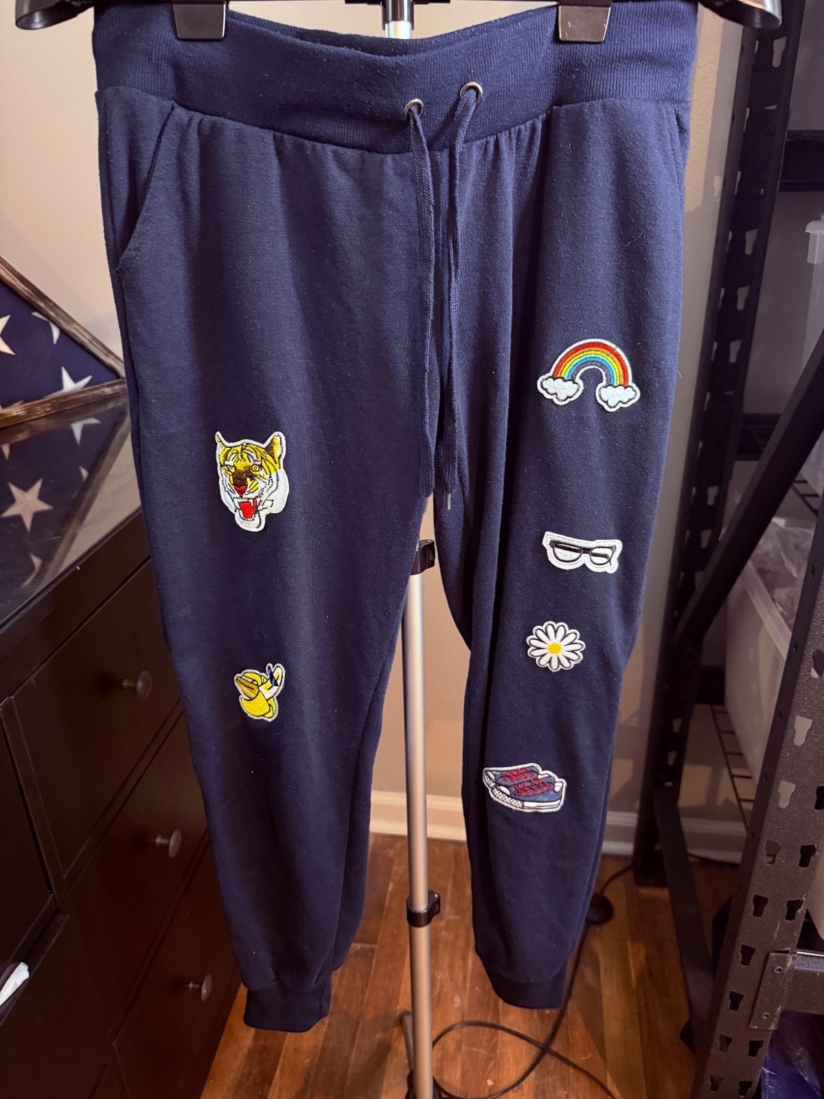 Hot Kiss Navy Patch Jogger Sweatpants Women\'s L Tiger Rainbow Retro
