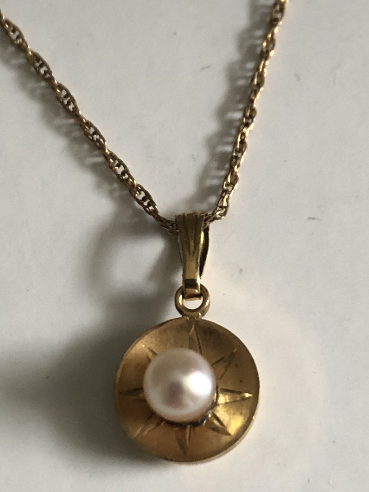 Vintage Victorian Starburst 14K/12K Gold-filled Necklace, Real 4.6mm Pearl, 18”