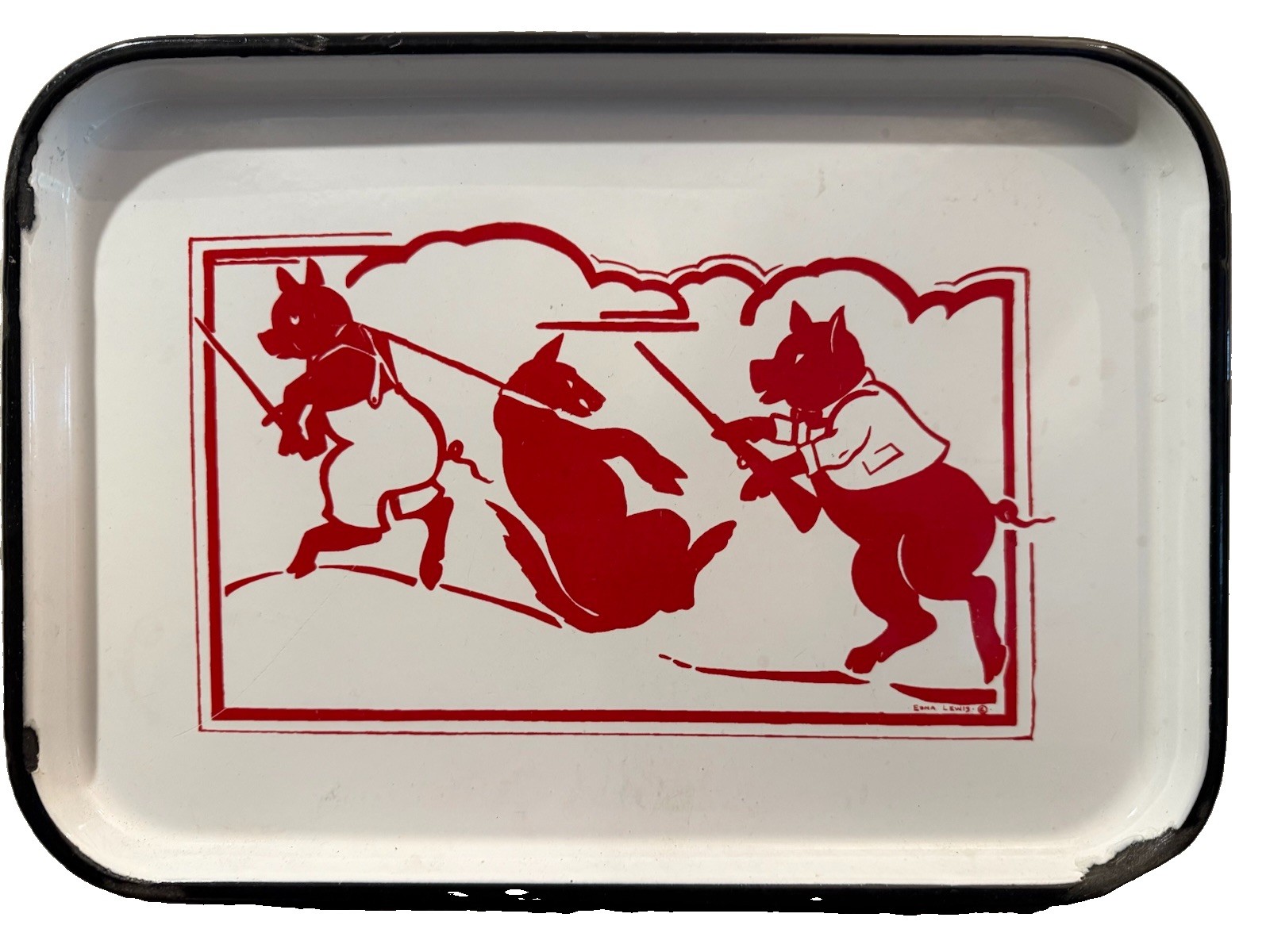 Rare 1930's The Three Pigs Revenge Tray by Edna Lewis Art Deco White Enamel Rare 1930's The Three Pigs Revenge Tray by Edna Lewis Art Deco White Enamel