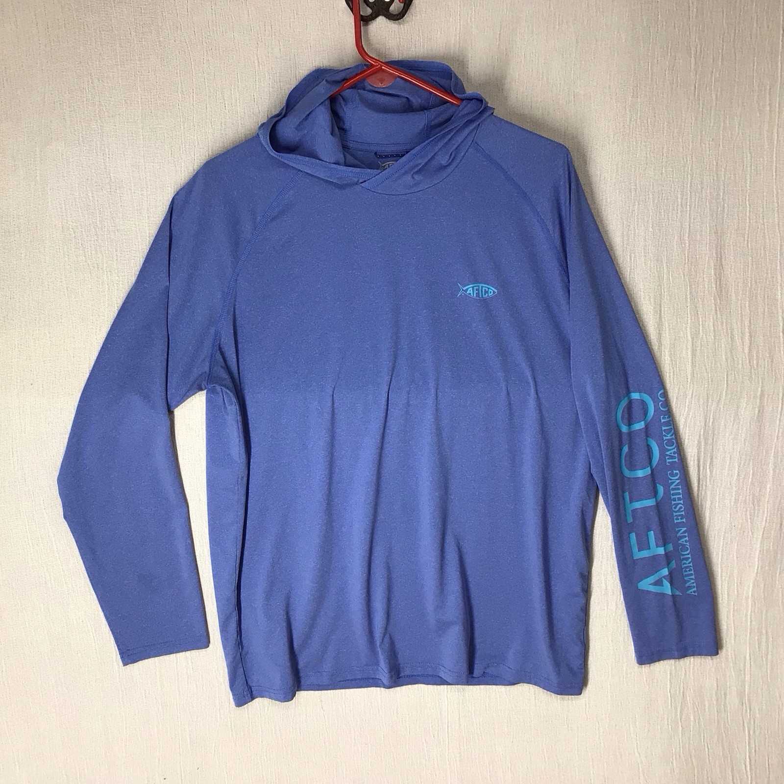 AFTCO Long Sleeve Fishing Hoodie Men’s Large Blue Aftech Sleeve Spell out AFTCO Long Sleeve Fishing Hoodie Men’s Large Blue Aftech Sleeve Spell out